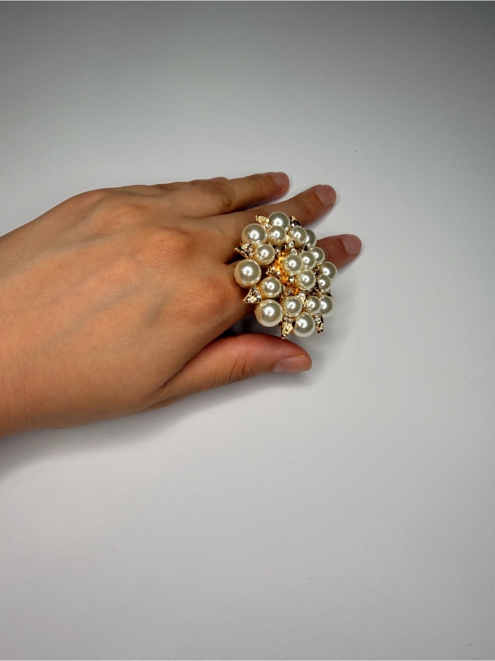 Pearl Cluster Floral Statement Ring in White and Gold - Picture 4 of 8
